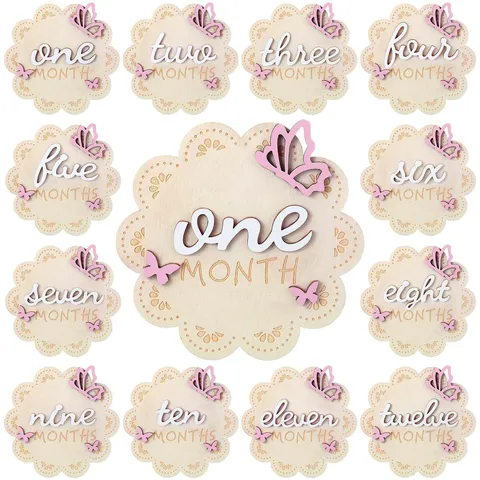 Wooden Baby Milestone Cards Double Sided Round Monthly Discs With 3D Butterfly Newborn Growth Memory Photo Props