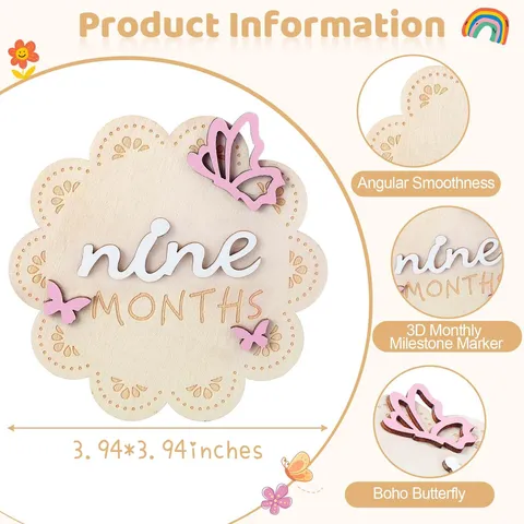 Wooden Baby Milestone Cards Double Sided Round Monthly Discs With 3D Butterfly Newborn Growth Memory Photo Props