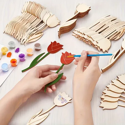 Natürliche Unbearbeitete Hölzerne Tulpen Blumen Ausschnitte Rohholz Scheiben Für Kinder DIY Malerei Handwerk Heimdekoration