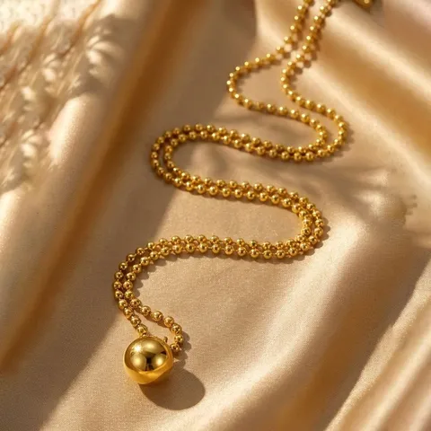 Edelstahl 18K Vergoldet Rundperle Anhänger Halskette Für Damen Lange Perlenkette Schmuck Massive Goldperle Anhänger