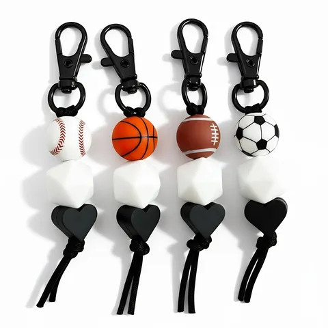 Sporty Silicone Bead Keychain Soccer Basketball Baseball Rugby Ball Bag Charm Accessory For Sport Fans Men Women Kids Gift