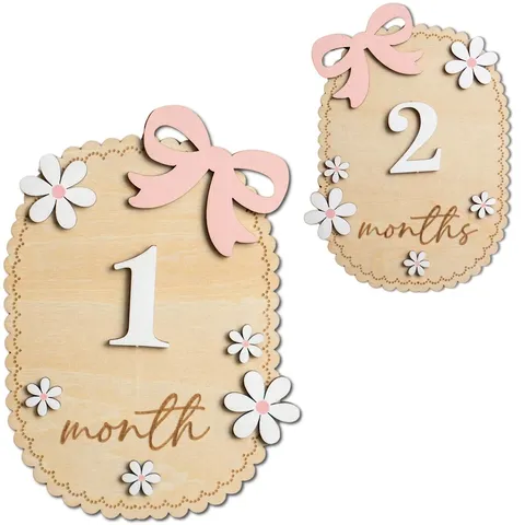 Wooden Baby Milestone Cards Birth Month Discs With Daisy Pink Bow Ornament For Newborn Photography Props Milestone Signs Decor