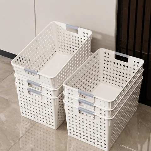 Hollow Plastic Storage Basket Organizer Bin With Handles Rectangular Breathable Sundries Container For Kitchen Bathroom Bedroom Desktop Home Organization