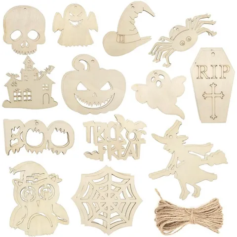 Halloween Onvolooide Houten Geest Heks Uitsnijdingen DIY Ambacht Hangende Ornamenten Met Hennep Touw Feestdecoraties