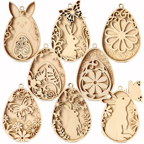 Pâques Ornements Suspendus en Bois Lapin Œuf Découpe au Laser Artisanat Creux Peinture DIY Décoration de Fête Décoration Maison