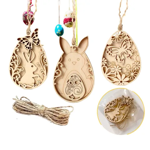 Pâques Ornements Suspendus en Bois Lapin Œuf Découpe au Laser Artisanat Creux Peinture DIY Décoration de Fête Décoration Maison