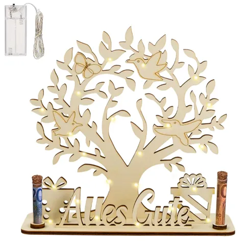 Wooden Tree Of Life Money Gift Ornament German Blessing Desktop Decoration With Photo Clips And Glass Tubes