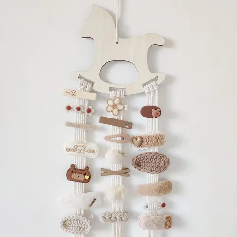 Estilo Nórdico Madera Maciza Caballo de Troya Pinza para el Cabello Diadema Colgante de Almacenamiento Paquete de Accesorios DIY Decoración de Pared