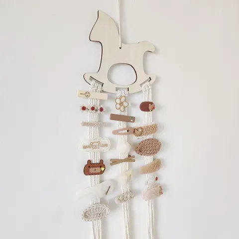 Estilo Nórdico Madera Maciza Caballo de Troya Pinza para el Cabello Diadema Colgante de Almacenamiento Paquete de Accesorios DIY Decoración de Pared
