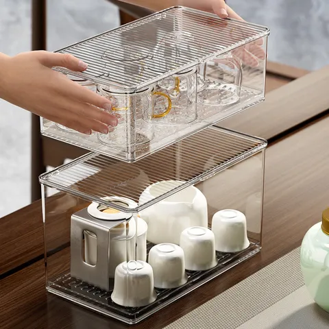 Transparente PET Aufbewahrungsbox Mit Deckel Staubdicht Stapelbar Desktop Organizer Für Teetassen Teeblätter Teekanne Sortierbox