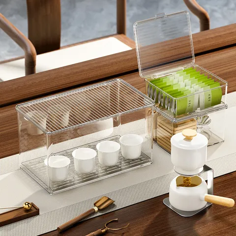 Transparente PET Aufbewahrungsbox Mit Deckel Staubdicht Stapelbar Desktop Organizer Für Teetassen Teeblätter Teekanne Sortierbox