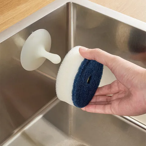 Suction Cup Dishwashing Sponge Household Kitchen Cleaning Scouring Pad Round Double Sided Scrub Sponge Magic Eraser For Bowl Pot