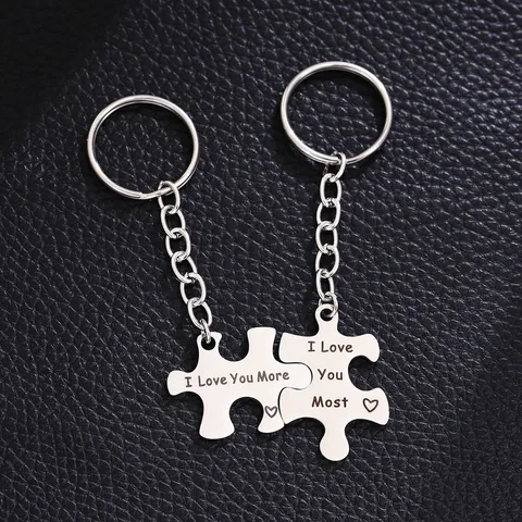Stainless Steel Couple Puzzle Keychain Set Engraved I Love You More Most Heart Paper Airplane Pendant Keyring Jewelry Gift