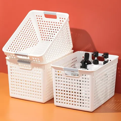 Hollow Plastic Storage Basket Organizer Bin With Handles Rectangular Breathable Sundries Container For Kitchen Bathroom Bedroom Desktop Home Organization