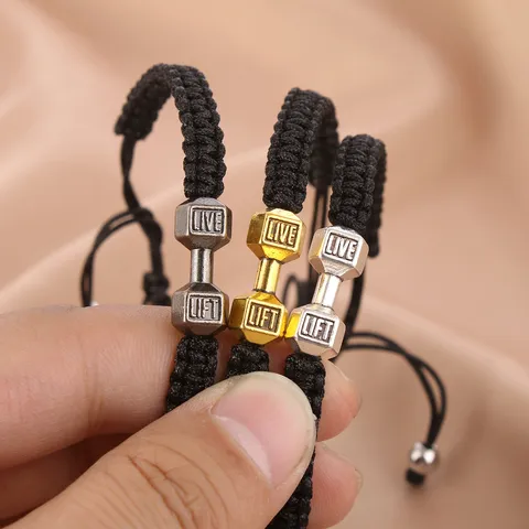 Bracciale da Uomo a Manubrio in Corda Intrecciata Fatto a Mano Ciondolo Fitness in Lega Regolabile Gioielli Minimalisti