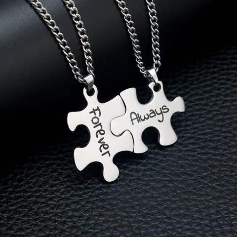 Couples Stainless Steel Puzzle Necklace Set Engraved Always Forever Pendant Geometric Jewelry Matching Gifts For Lovers