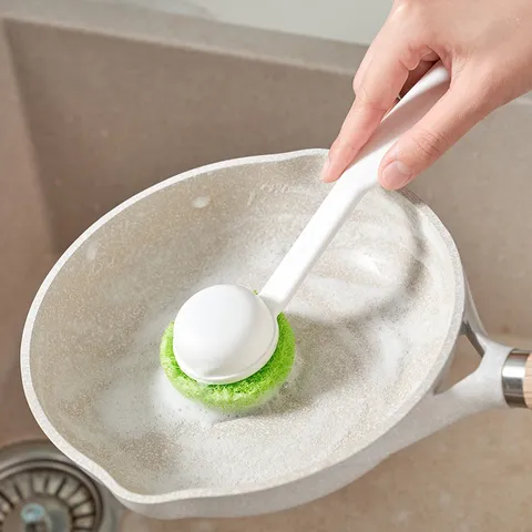 Long Handle Cleaning Brush Scouring Pad Sponge Head Plastic Kitchen Dish Washing Pot Scrub Brush Household Cleaning Tool