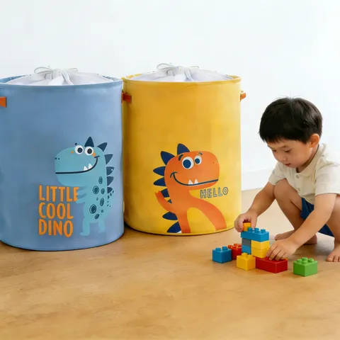Large Foldable Cotton Linen Laundry Basket Cartoon Dinosaur Drawstring Laundry Hamper For Kids Room Toys Clothes Storage Bag