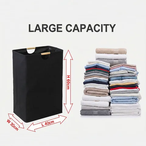 Panier à Linge Pliable en Coton et Lin Avec Poignée en Bois Bac de Rangement Grande Capacité pour Vêtements Sales Maison