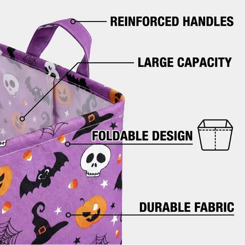 Halloween Foldable Storage Basket Cotton Linen Laundry Hamper With Handles Cartoon Ghost Bat Pattern Toy Organizer Bin