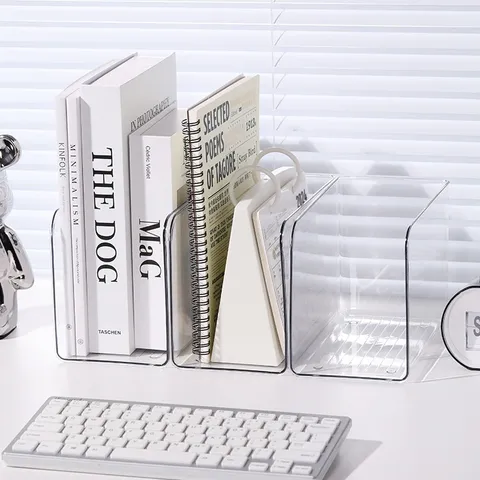 Transparent Acrylic Bookend Desktop Book Storage Box L-Shaped Clear Bookshelf Organizer Office School Stationery Holder