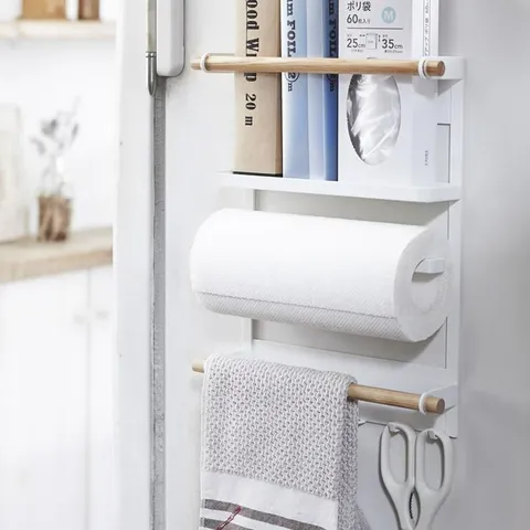 Support de Rangement Magnétique pour Côté de Réfrigérateur Organisateur de Cuisine Multi-couches en Acier au Carbone et Bois Avec Crochets et Porte-essuie-tout