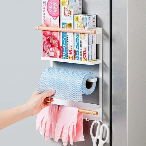 Support de Rangement Magnétique pour Côté de Réfrigérateur Organisateur de Cuisine Multi-couches en Acier au Carbone et Bois Avec Crochets et Porte-essuie-tout