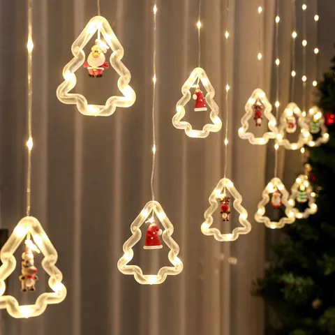 Luces de Cortina LED de Navidad Papá Noel Muñeco de Nieve Muñecos de Dibujos Animados Colgante Luces Decoración de Ventana