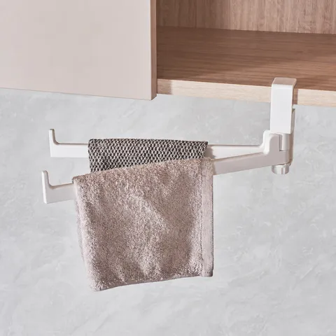Japanese Style Under Cabinet Paper Towel Holder Rotatable Double Arm Kitchen Roll Rack Plastic Cling Film Storage Hanging Bracket