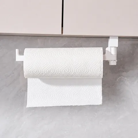 Japanese Style Under Cabinet Paper Towel Holder Rotatable Double Arm Kitchen Roll Rack Plastic Cling Film Storage Hanging Bracket