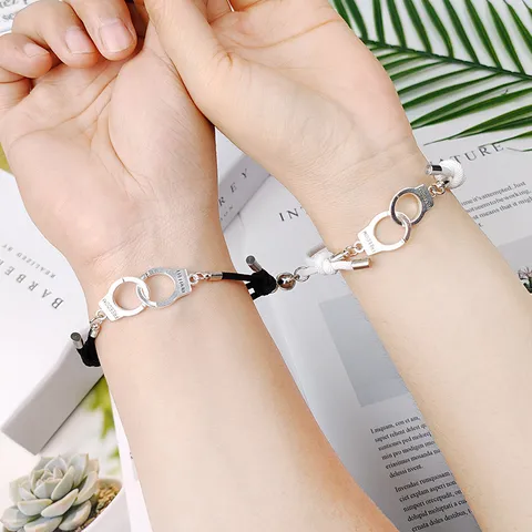 Magnetic Attraction Handcuff Matching Bracelets For Couples Alloy Stainless Steel Nylon Woven Rope Charm Bracelets Set Valentine Gift Jewelry