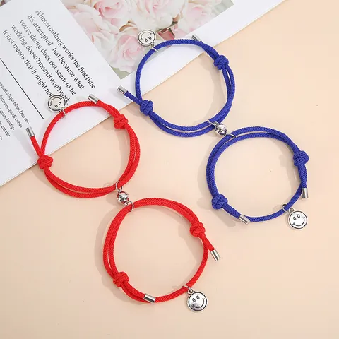 Handwoven Magnetic Attraction Smiley Face Couples Bracelet Set Alloy Beads Braided Cord Matching Wristbands Jewelry For Lovers Everyday Valentine