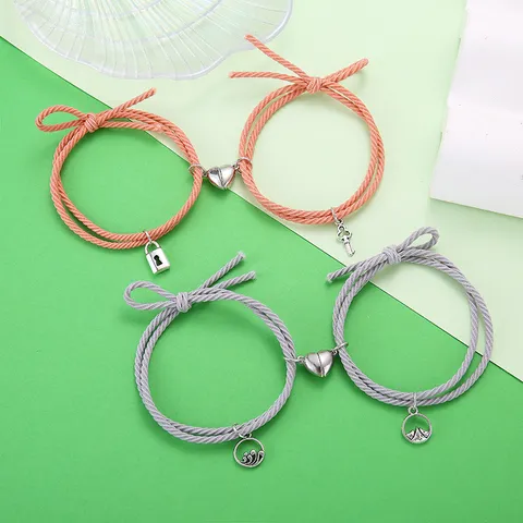 Minimalista Pulsera de Pareja Trenzada Magnética de Corazón de Aleación Con Colgante de Paisaje Llave Candado Regalo de San Valentín Joyería