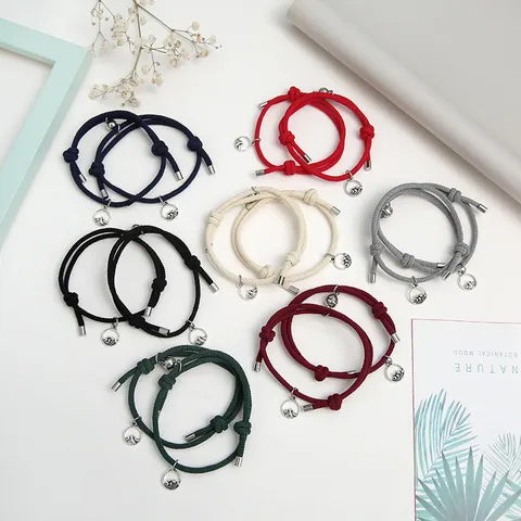 Alloy Braided Cord Couples Magnetic Bracelet Set Mountain Wave Charm Adjustable Matching Wrist Rope Jewelry For Lovers Gift