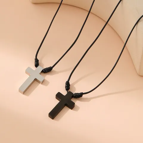 Stainless Steel Cross Pendant Necklace Adjustable Black Wax Rope Nylon Cord Religious Fashion Jewelry For Men Women