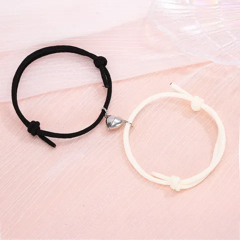 Couples Magnetic Heart Attraction Braided Rope Bracelets For Lovers Matching Adjustable Alloy Charm Handmade Friendship Wristband Jewelry Gift