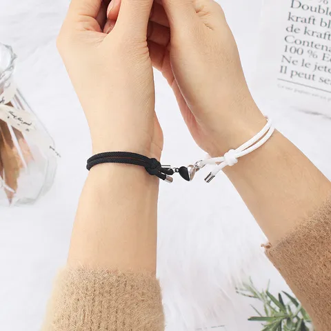Milan Cord Alloy Heart Matching Magnetic Bracelets For Couples Handwoven Adjustable Relationship Rope Bracelet Romantic Jewelry Gift