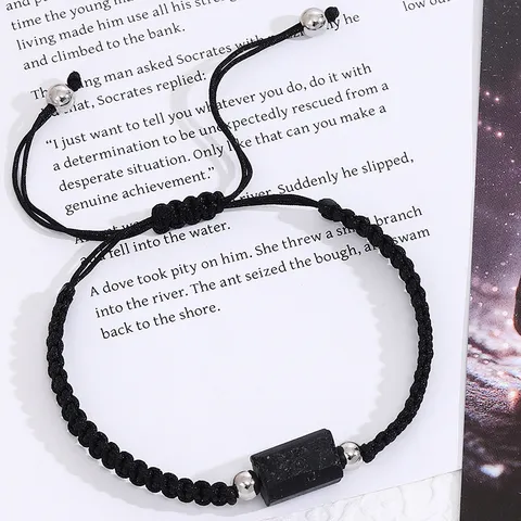 Braccialetto Regolabile Minimalista in Acciaio Inossidabile Con Tormalina Nera Naturale Intrecciato a Mano Unisex Regalo Gioielli