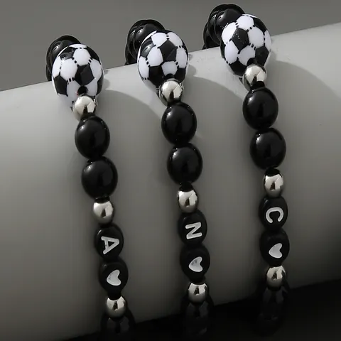 Handmade Woven Beaded Football Alphabet Bracelet Glass Strand Resin Letter Charm Bead Adjust Braid Rope Wristband Men Gift