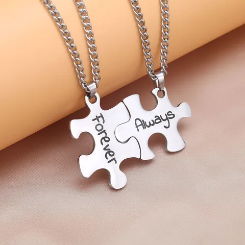 Couples Stainless Steel Puzzle Necklace Set Engraved Always Forever Pendant Geometric Jewelry Matching Gifts For Lovers