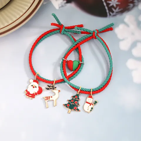 Bracelets de Couple Magnétiques de Noël Rouge Vert Cordon Élastique Réglable Bracelets Assortis Amant Père Noël Cerf Cœur Bijoux