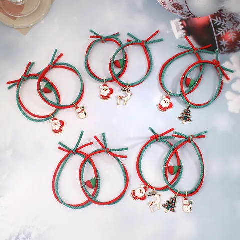 Bracelets de Couple Magnétiques de Noël Rouge Vert Cordon Élastique Réglable Bracelets Assortis Amant Père Noël Cerf Cœur Bijoux