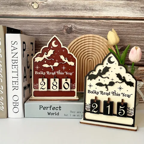 Wooden Reading Counter Bookshelf Decor Gothic Arch Design Dragon Moon Star Ornament Desktop Reading Tracker Gift