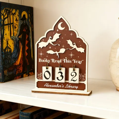 Wooden Reading Counter Bookshelf Decor Gothic Arch Design Dragon Moon Star Ornament Desktop Reading Tracker Gift