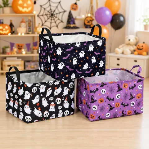 Halloween Foldable Storage Basket Cotton Linen Laundry Hamper With Handles Cartoon Ghost Bat Pattern Toy Organizer Bin