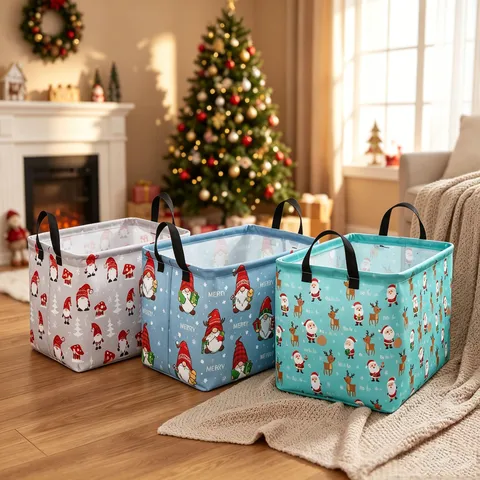 Panier de Rangement de Noël en Toile Pliable Imperméable Bac à Jouets Avec Poignées Père Noël Renne Gnomes Imprimé Décoration Festive de Maison