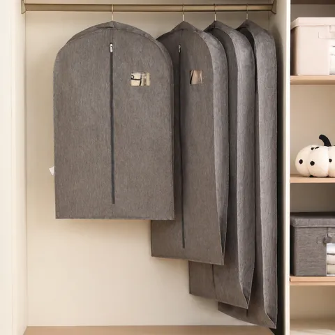 Modern Polyester Garment Dust Cover Hanging Clothes Shield Clear Window Zipper Storage Bag For Suit Coat Jacket Home Closet Organization