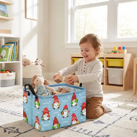 Panier de Rangement de Noël en Toile Pliable Imperméable Bac à Jouets Avec Poignées Père Noël Renne Gnomes Imprimé Décoration Festive de Maison