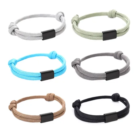 Handmade Woven Paracord Stainless Steel Bracelet For Men Women Adjustable Geometric Tube Charm Minimalist Fashion Jewelry Wristband