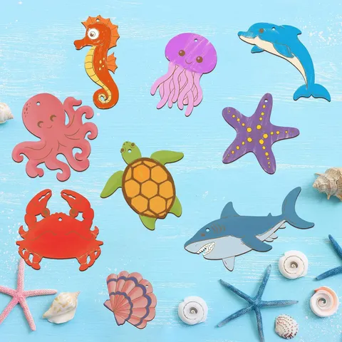 Découpes d'Animaux Marins en Bois Non Finis Tranches de Bois Vierges Avec Corde de Chanvre Pour Enfants Peinture DIY Décoration de Fête